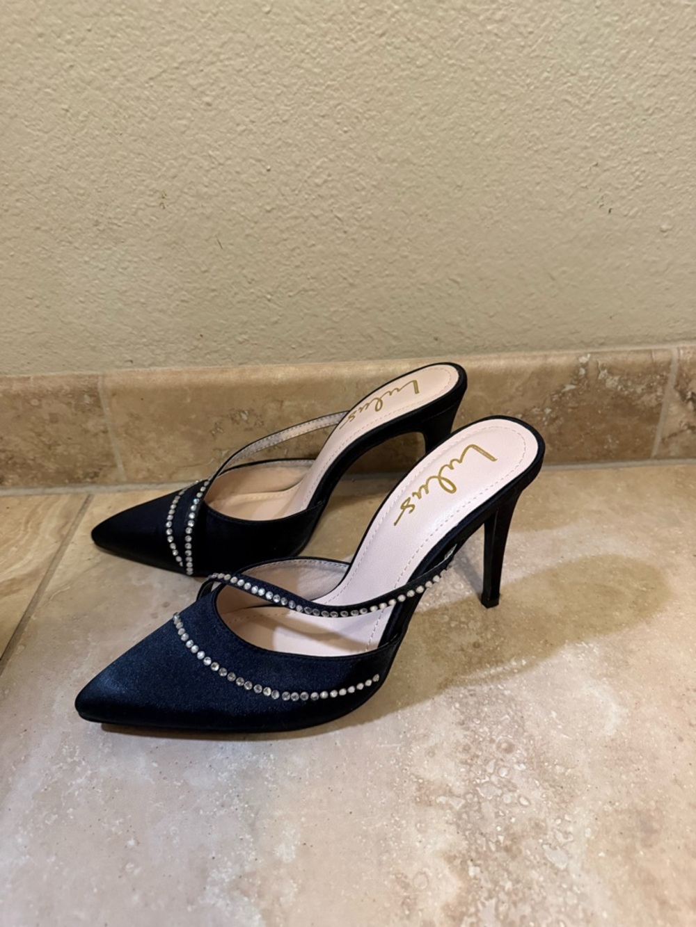 Lulu's Black Rhinestone-Trim Pointed Toe Mule Heels